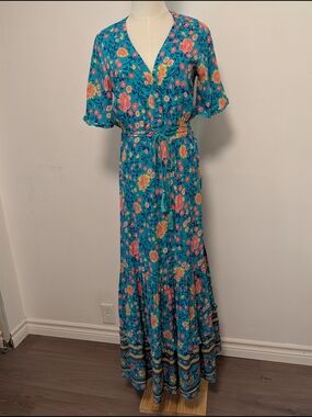 Floral Teal Maxi Dress with Tie Waist